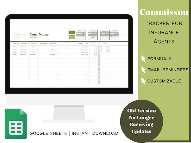 Insurance Agent Screen Insurance Agent Commission Tracker: Goal Tracking Google Sheet (digital ...