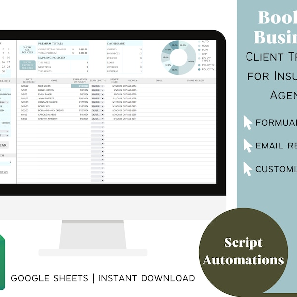 Book of Business | Spreadsheet for Insurance Agents, Home, Auto, and Life Insurance with Goals Tracking | Google Sheets Digital Download