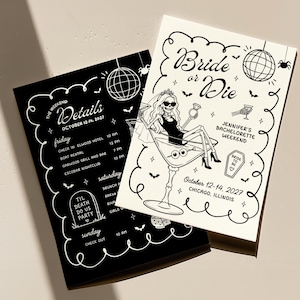 Puede incluir: Dos tarjetas de invitación rectangulares para despedida de soltera con dibujos de líneas en blanco y negro. Una tarjeta muestra un esqueleto en una copa de martini con el texto Bride or Die y los detalles del evento en Chicago, Illinois.