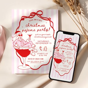 Puede incluir: Una invitación a una fiesta de pijamas navideña y un teléfono inteligente que muestra el mismo diseño. La invitación presenta una ilustración roja y blanca de una persona en pijama sosteniendo un cóctel. El texto dice "Christmas pajama party!" con detalles del evento.