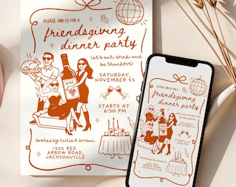 Friendsgiving-uitnodiging, bewerkbare Thanksgiving Evite-sjabloon, handgetekende Friendsgiving-dineruitnodiging, trendy digitale uitnodiging Thanksgiving