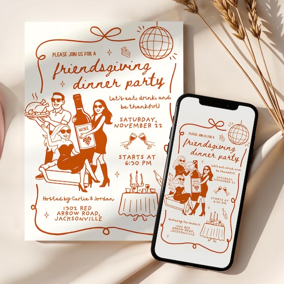 Friendsgiving Invitation, Editable Thanksgiving Evite Template, Hand Drawn Friendsgiving Dinner Invite, Trendy Thanksgiving Digital Invite
