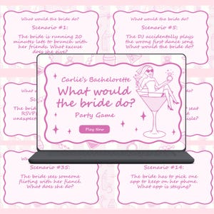 May include: A laptop screen displaying a pink and white bachelorette party game titled Carlie's Bachelorette What would the bride do? Party Game. The screen features a cartoon illustration of a person in a veil inside a martini glass.