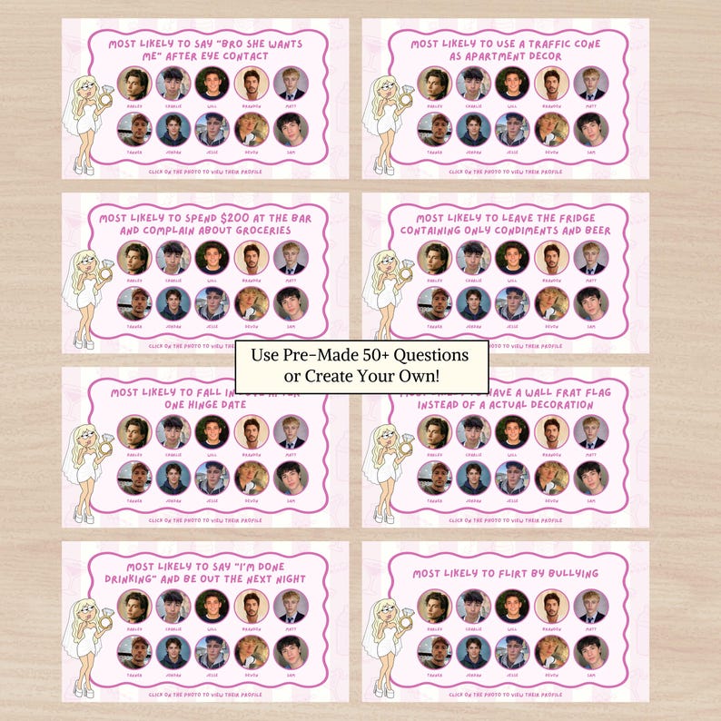 Bachelorette Party Games, Bachelorette Games, Pink Bachelorette Game, Most Likely To Game, Most Likely To Questions Game, Most Likely To Party Game, Most Likely To Drinking Game, Gender Swap Bachelorette Game, Gender Swap Game, Bridesmen Game, Most Likely To Bachelorette Game, Bachelorette Party Games, Bachelorette Most Likely To, Girls Night Party Game, Hen Party Game, Bridal Shower Game, Bridal Party Games,  Bachelorette PowerPoint, Funny Bachelorette Game