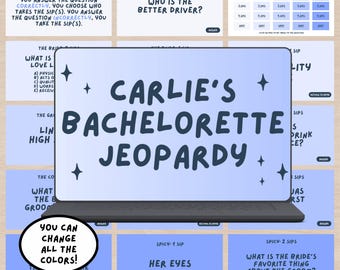 May include: A blue and white laptop screen displaying a game called "Carlie's Bachelorette Jeopardy" with a blue background and white stars. The game is a drinking game for a bachelorette party.