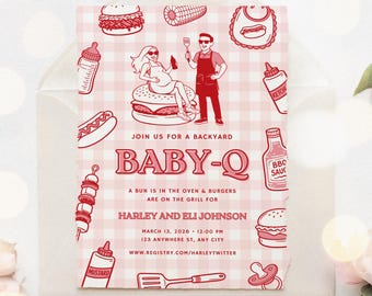 Baby Q Barbecue Babyshower, Baby-Q Inbjudan, Inbjudan till babyshower med grillfest på bakgården, Grillinbjudan