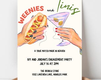 Weenies and Tinis, Weenies and Tinis Urodziny Temat Zaproszenia, Weenies and Tonic, Szablon Zaproszenia na Kolację, Martini Temat Urodzin Zaproszenie