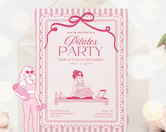 Pilates Invitation, Pilates and Matcha, Pilates and Lattes, Pilates Birthday Party Invite, Pilates Editable Digital Template