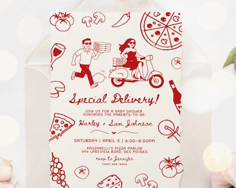 Pizza Baby Shower Invitation, Special Delivery Theme, Italian Special Delivery is On The Way Invite, Hand Drawn Baby Shower