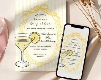 Lemon Drop Martini Birthday Invitation: Editable Template (Digital Download 5x7" PDF/JPEG)