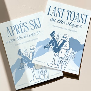 Könnte beinhalten: Zwei hellblaue und weiße Einladungen zur Junggesellinnenparty. Auf einer steht "APRÉS SKI with the bride to" und auf der anderen "LAST TOAST on the slopes". Beide zeigen eine Frau in einem Martini-Glas mit Skiern.
