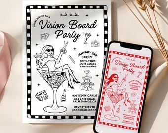 Invitación a fiesta de tablero de visión, invitación a tablero de visión, invitación para establecer metas para niñas, noche de manualidades para niñas