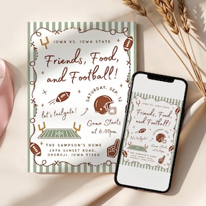 May include: A rectangular invitation card and a smartphone displaying the same design, featuring a green and white striped border, brown football graphics, a helmet, a field, and text reading "Friends, Food, and Football! Iowa vs. Iowa State."