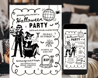 Uitnodiging voor Halloween-feest, Halloween-feest, handgetekende Halloween-kostuum uitnodigen, digitale Evite Halloween, cocktail-Halloweenfeest