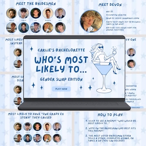 May include: A laptop screen displays a game titled "Carlie's Bachelorette: Who's Most Likely To... Gender Swap Edition." The game features a cocktail illustration and portraits of potential groomsmen. Additional text includes "Meet the Bridesmen" and "How to Play."