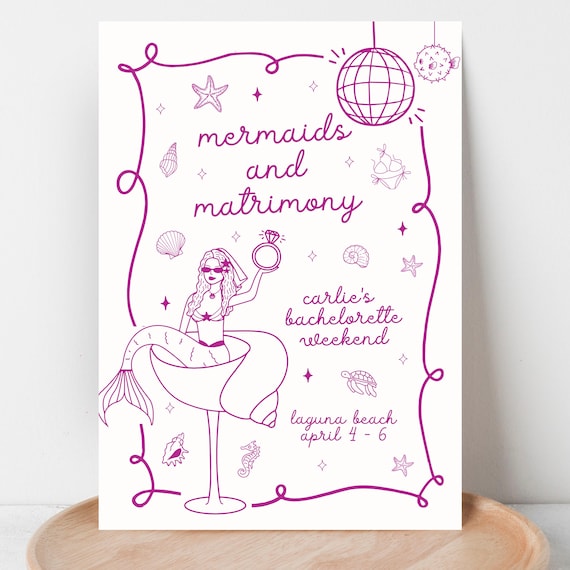 Mermaids and Matrimony, Mermaids and Matrimony Bachelorette Invite, Mermaid Bachelorette Invitation, Bachelorette Invitation and Itinerary