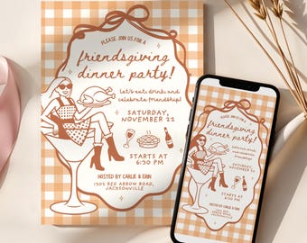 Friendsgiving Dinner Party Einladung, handgezeichnete Friendsgiving Party einladen, Mädchen Thanksgiving-Cocktailparty-Einladung