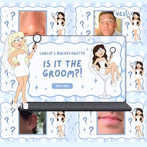 Könnte beinhalten: Eine digitale Einladung in Hellblau für Carlies Junggesellinnenabschied. Der Text lautet "IS IT THE GROOM?!" mit einer "Play Now"-Schaltfläche. Cartoon-Illustrationen einer Braut mit Lupe und Fragezeichen umgeben den Text.