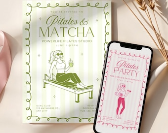 Pilates-Einladung, Pilates und Matcha, Pilates und Lattes, Pilates-Geburtstagsfeier einladen, Pilates bearbeitbare digitale Vorlage