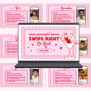 以下が含まれることがあります： Megan's Bachelorette Weekend Swipe Right Or Run!というタイトルのピンクと白のバチェロレッテパーティーゲームが表示されたノートパソコンの画面。画面にはマティーニグラスに入った女性のイラストと、デート相手のプロフィールカードがいくつか並んでいる。