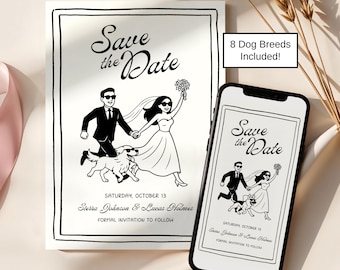 Dog Save The Date, Hand Drawn Pet Save The Date, Whimsical Illustration Save The Date, Golden Retriever Save The Date, Doodle Save The Date