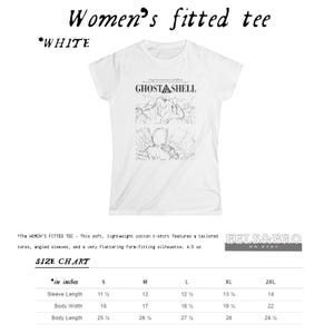 May include: A white fitted t-shirt featuring a black line art graphic from Ghost in the Shell. The design includes the text Ghost in the Shell and two panels of character illustrations. A size chart in inches is provided below the shirt image.