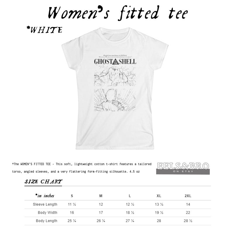 May include: A white fitted t-shirt featuring a black line art graphic from Ghost in the Shell. The design includes the text Ghost in the Shell and two panels of character illustrations. A size chart in inches is provided below the shirt image.