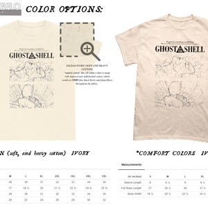 May include: Two ivory t-shirts featuring the Ghost in the Shell logo and line art graphics. The left shirt is Gildan ivory cotton, and the right is Comfort Colors ivory cotton. Both include detailed sizing charts in inches for sizes S through 5XL.