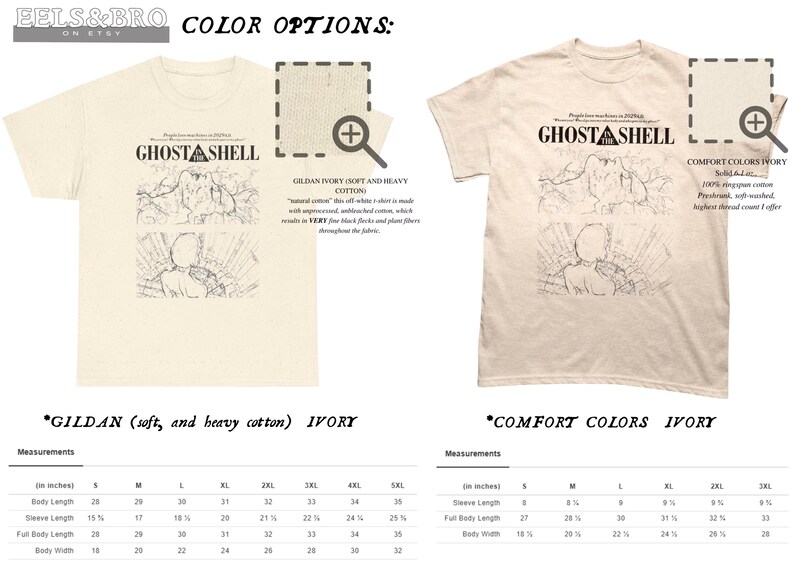 May include: Two ivory t-shirts featuring the Ghost in the Shell logo and line art graphics. The left shirt is Gildan ivory cotton, and the right is Comfort Colors ivory cotton. Both include detailed sizing charts in inches for sizes S through 5XL.
