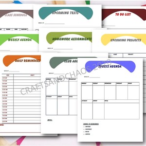May include: A set of printable student planner pages with colourful headers. The pages include sections for class schedule, weekly agenda, daily reminders, homework assignments, upcoming tests, to do list, upcoming projects, club activities, and sports agenda.