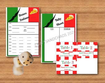 Printable Bunco set,  Bunco scorecard, Tally sheet,  Table cards, Instant Download, GNO, Party Games, Italian theme, Italian night