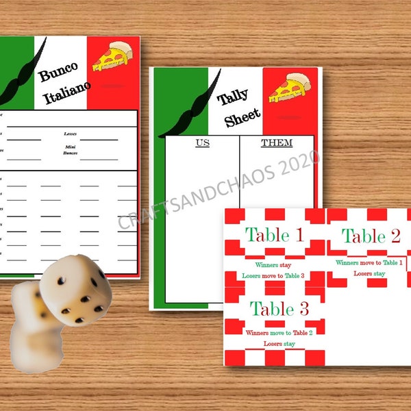 Printable Bunco set,  Bunco scorecard, Tally sheet,  Table cards, Instant Download, GNO, Party Games, Italian theme, Italian night