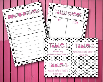 Printable Bunco set,  Bunco scorecard, tally sheet,  table cards, Instant Download, GNO, Party Games, Bunco Bitches