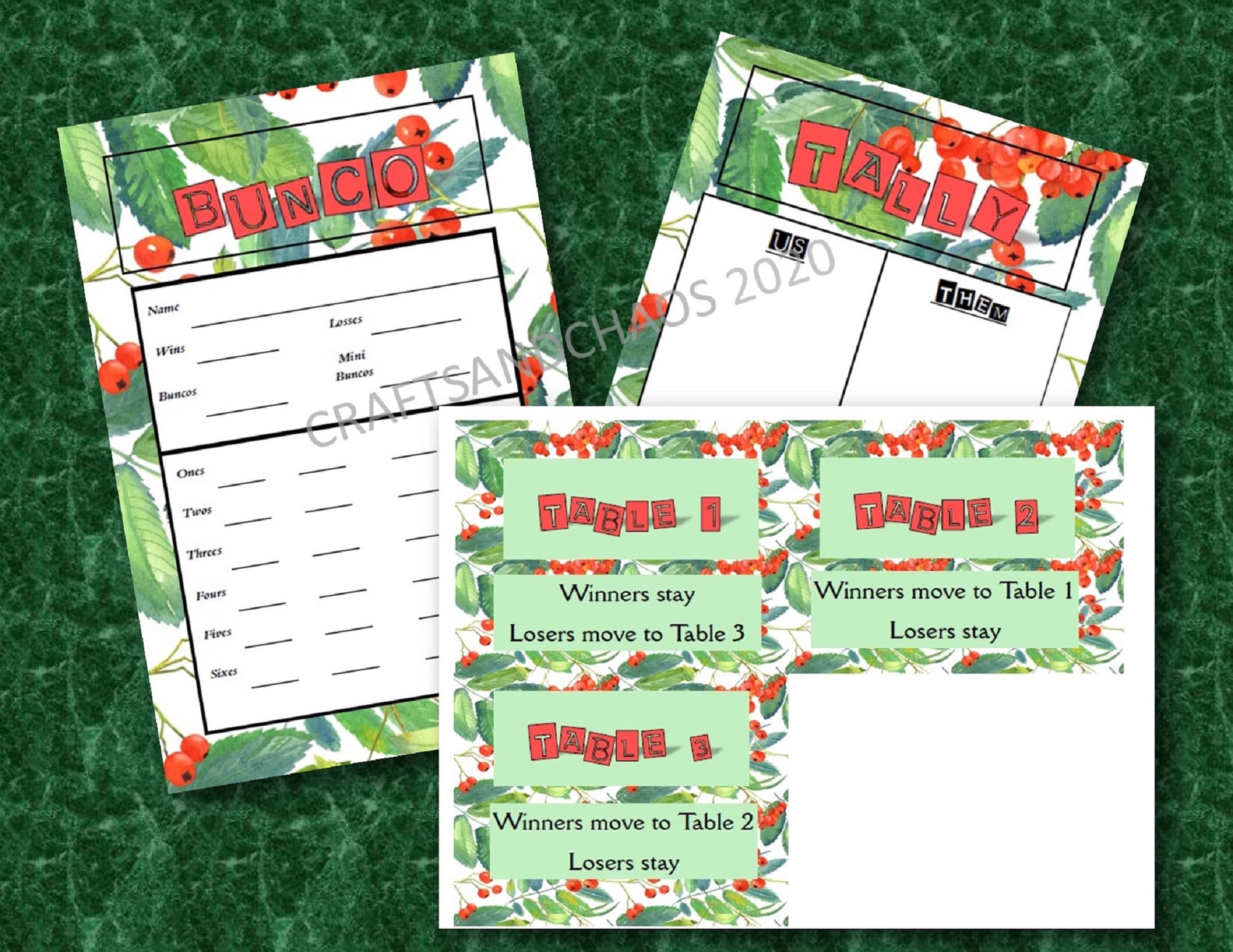Printable Bunco Set, Holiday Bunco, Berry Bunco, Instant Download Bunco ...