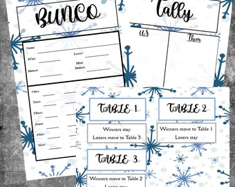 Printable Bunco set,  Bunco scorecard, tally sheet,  table cards, Instant Download, GNO, Party Games, Snowflake Theme