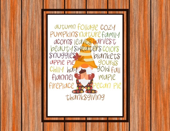 Printable Fall Art, Fall Gnome, Instant Download, Fall Words, Fall Decor