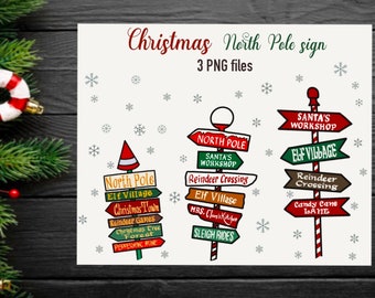 Christmas North Pole Sign Clipart PNG, Digital Sticker, Santa Workshop, Elf village