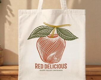 Bolso tote de algodón con estampado de bloques de madera inspirado en frutas de etiqueta vintage. Un bolso de hombro ecológico, es un accesorio práctico para el día a día.