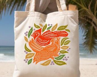 Ilustración estilo grabado en madera de pájaros en un bolso de algodón. Este bolso bandolera ecológico es práctico y elegante, perfecto para el uso diario.