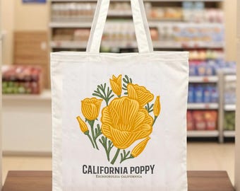 Ilustración de estilo grabado en madera de flores silvestres en un bolso de algodón. Este bolso bandolera ecológico es práctico y elegante, perfecto para el uso diario.