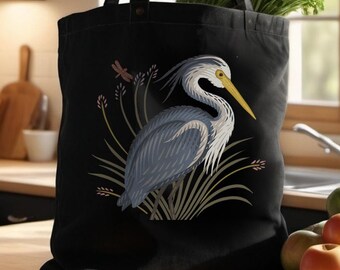 Estampado Blue Heron inspirado en Audubon en un bolso de algodón. Este bolso de hombro ecológico es un práctico bolso de compras para todas tus necesidades diarias.