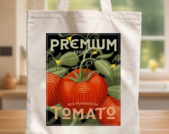 Estampado Vintage Seed Packet en un bolso tote de algodón. Este bolso de hombro ecológico es un práctico bolso de compras para todas tus necesidades diarias.