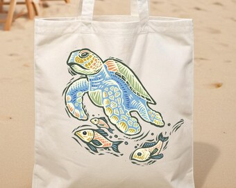 Bolso de lona de algodón con diseño de tortuga marina. Este bolso ecológico es ideal para los días de playa y un práctico bolso de compras para todas tus necesidades diarias.