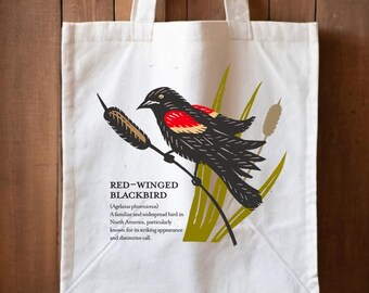 Un bolso tote de algodón para amantes de los pájaros con estampado estilo bloque de madera. Este bolso de hombro ecológico es un práctico bolso de compras para tus necesidades diarias.