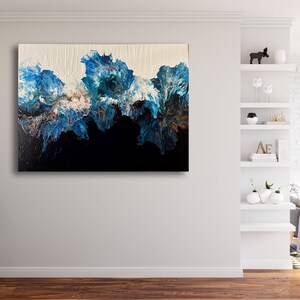 May include: Abstract painting with blue, white, and black colors. The painting features a swirling, fluid design with a textured surface.