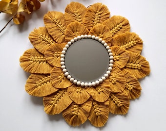 Boho-inspired Macrame Feathers Mirror | Large Wall Decor | Boho Hanging Mirror | Round Macrame Mirror | Woven Round Mirror