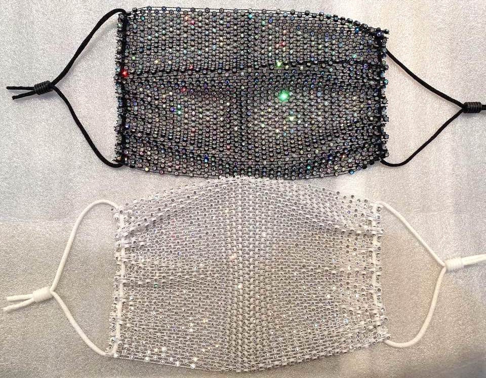 Fashion Mask (Mesh Black/Iridescent Rhinestones) In Stock