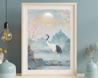 Può includere: Stampa artistica incorniciata con una gru giapponese in un paesaggio sereno. L'opera raffigura una gru con piumaggio rosso, nero e bianco, in piedi vicino a un corso d'acqua, con montagne e fiori di ciliegio sullo sfondo. La tavolozza dei colori include blu, oro e rosa.