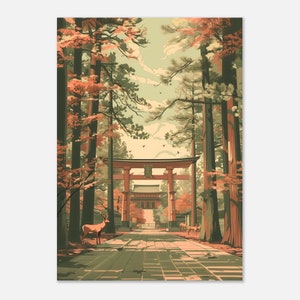 Puede incluir: Ilustración de un santuario japonés con una puerta torii roja y un camino bordeado de árboles. La obra presenta ciervos y una serena paleta de colores otoñal, naranja, verde y marrón.