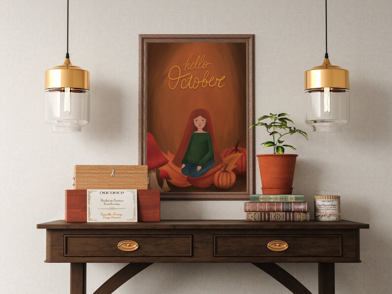 Illustration of a redhead girl in an autumn landscape with mushrooms orange-red leaves and pumpkins Hello October